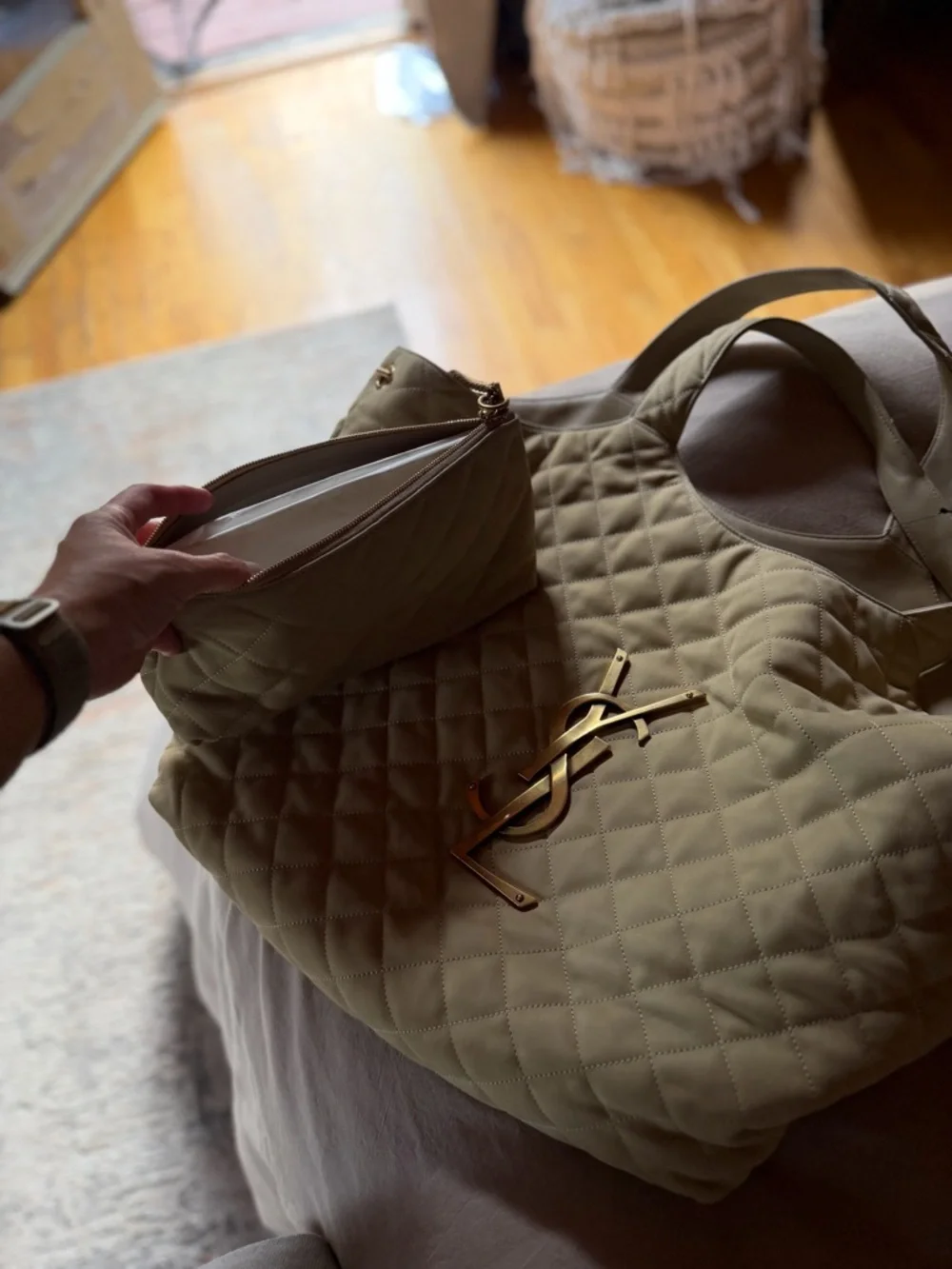 Saint Laurent Quilted Tote in Olive with Gold YSL Hardware - Picture 3 of 8